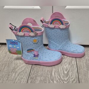 Peppa Pig Light Blue & Pink Baby Toddler Water Rain Boots with Rainbow Handles.